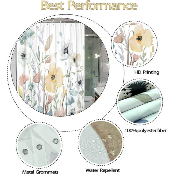 White Shower Curtain Flower Shower Curtain Boho Shower Curtains for Bathroom Shower Curtain Set Waterproof Fabric Shower Curtains Watercolor Bathroom Set with 12 Hook
