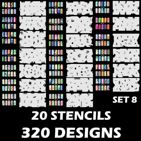 Airbrush Nail Stencil Sets Custom Body Art Airbrush Nail Stencils - Design Series Set # 8 includes 20 Individual Nail Templates with 16 Designs ()