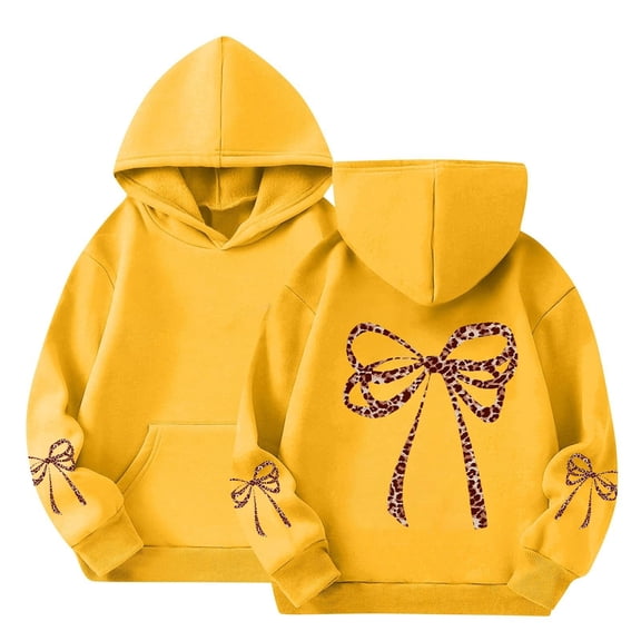 UACY Girls Bow Leopard Cheetah Graphic Hoodie Long Sleeve Pullover Tops Cute Preppy Aesthetic Oversized Sweatshirt School (Yellow, 3-4 Years)