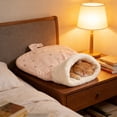 thumbnail image 5 of Semi-Enclosed Cat Bed Tunnel | Warm Plush Sleeping Bag, Reversible Fleece, Portable Design | Pink/Beige, 21.7"x17.7" | Cozy Indoor Hideaway for Small Pets, 5 of 6