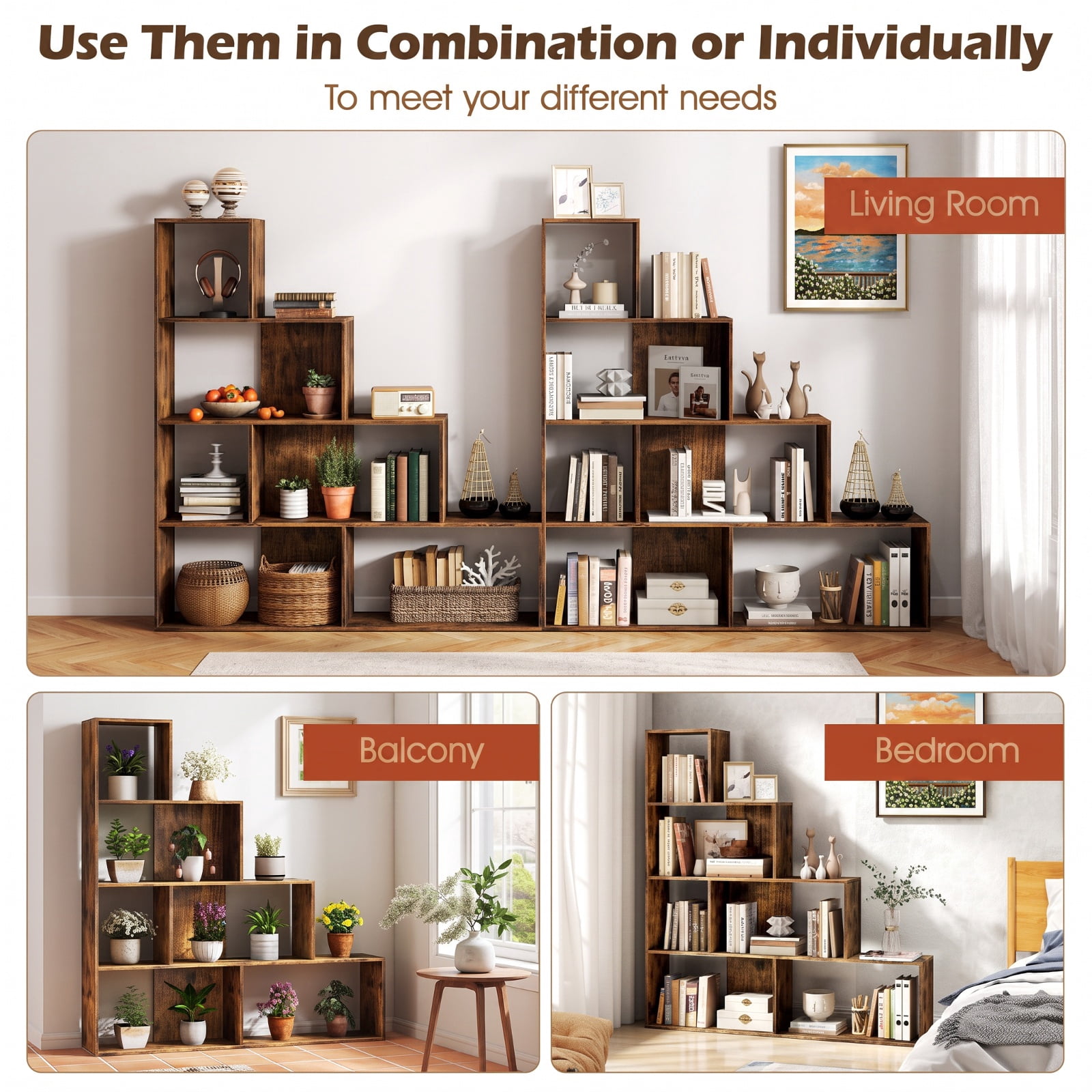 Furnibear 4-Tier Stepped Bookshelf Freestanding Ladder Storage Shelf with 6 Cubes for Living Room Home Office Bedroom Display Storage, Rustic Brown