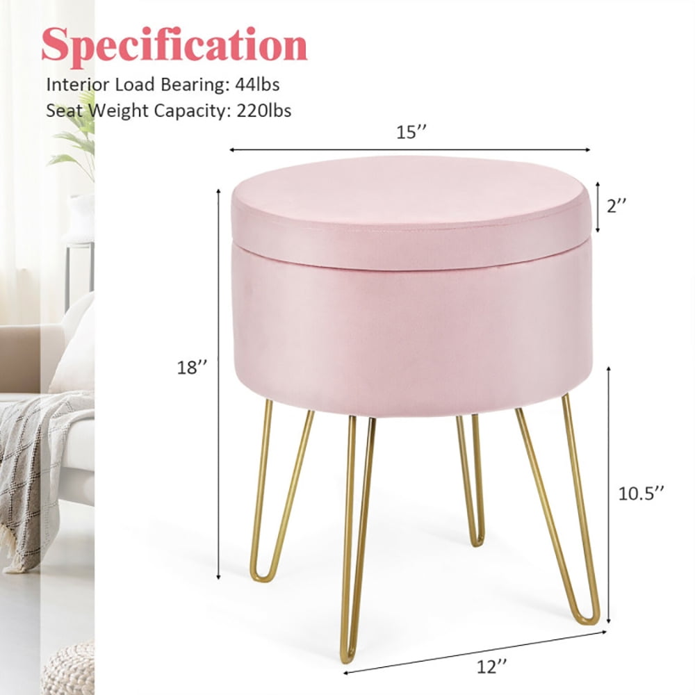 Finihen Round Velvet Storage Ottoman, Footrest Stool, Vanity Chair with Metal Legs, for Living Room, Bedroom, Pink Finihen Round Velvet Storage Ottoman, Footrest Stool, Vanity Chair with Metal Legs, for Living Room, Bedroom, Pink