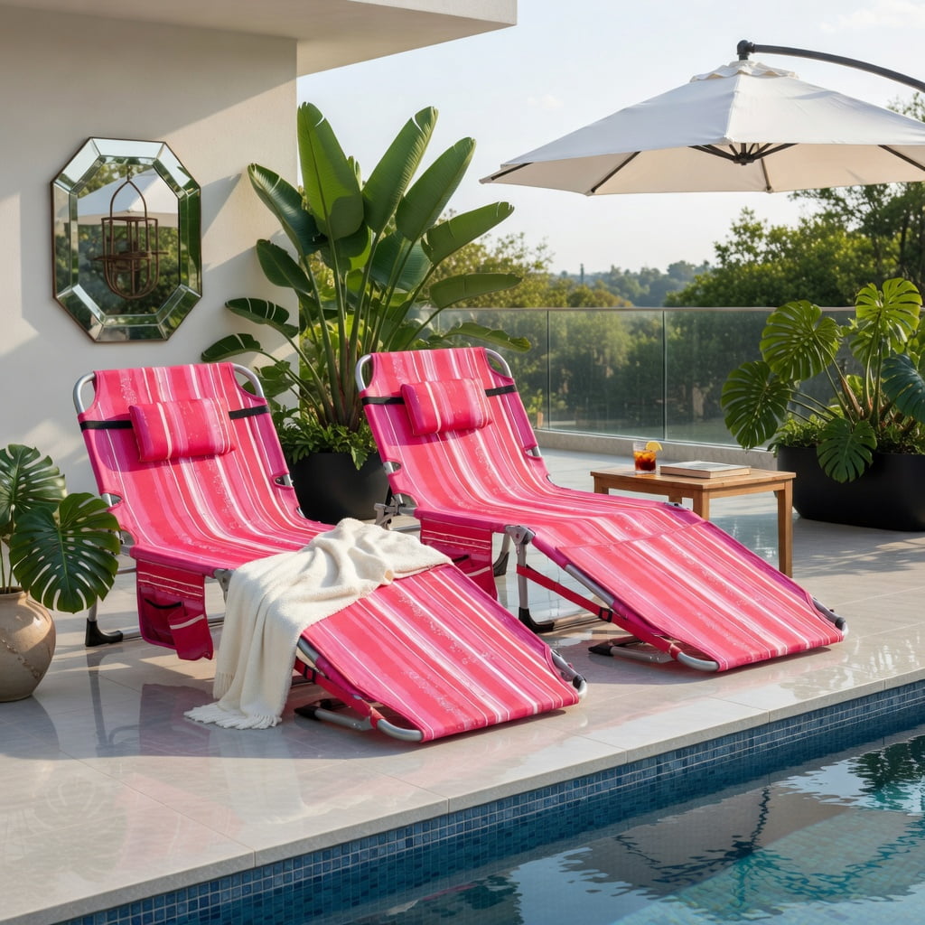 Hommoo Portable Folding Tanning Chair with Face Hole & Adjustable Backrest, Lightweight Sunbathing Lounger for Beach, Pool, Lawn, Pink Stripe