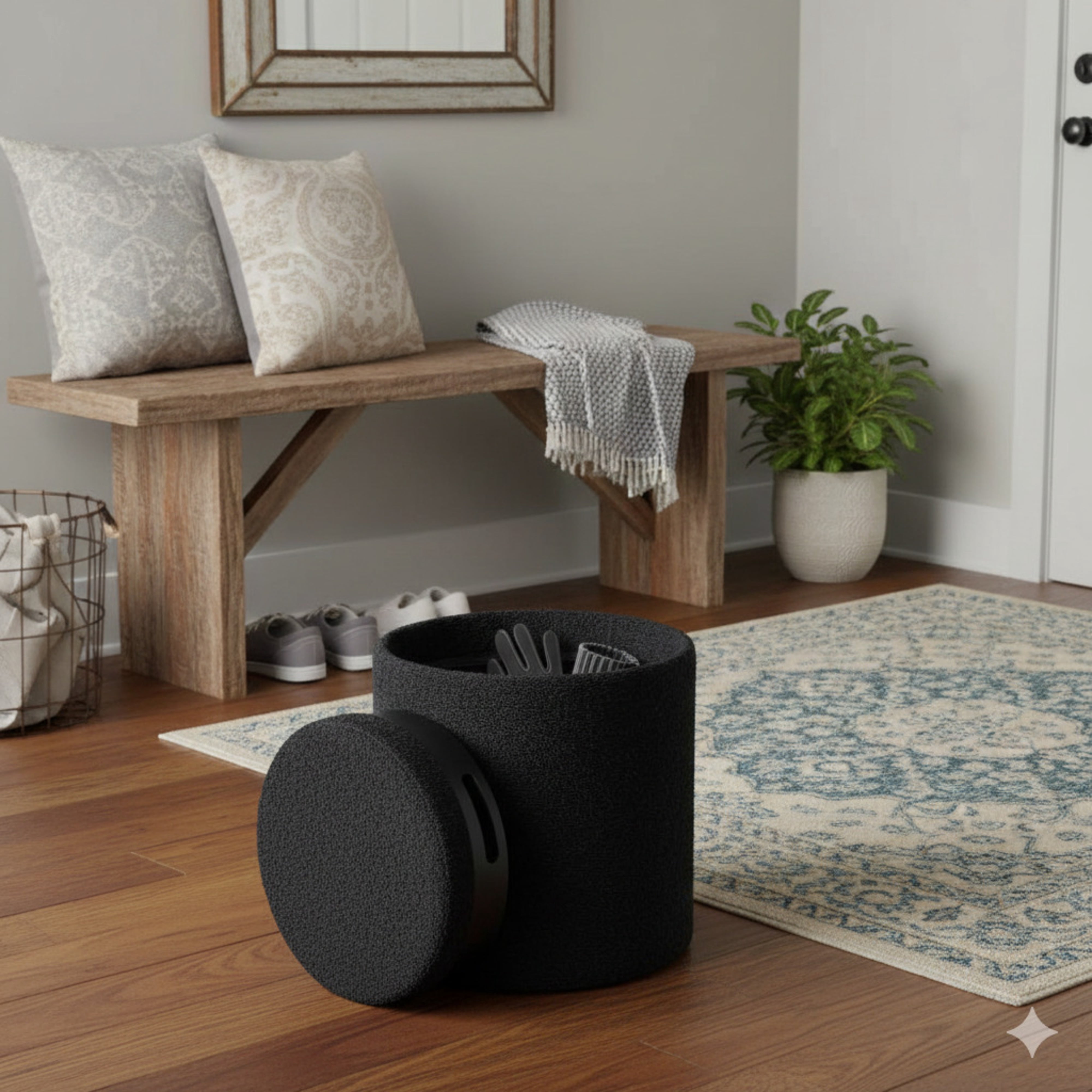 Aria Home Boucle Storage Ottoman Tufted Seating Accent 17" Round, Black
