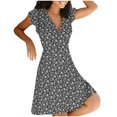thumbnail image 2 of Robe Femme Liquidation Été Col en V Imprimé Fleuri Manches Courtes Fermeture Éclair Robe Pull Noir TTG, 2 of 9