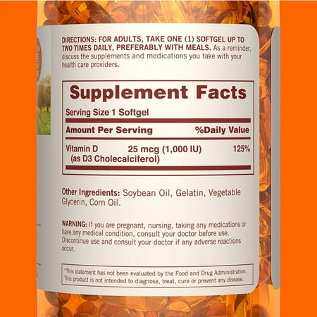 Sundown Naturals High Potency D3 Vitamin D 1000 IU Softgels 200 ea (Pack of 4)