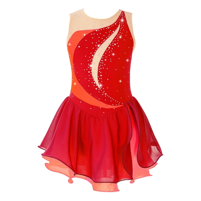 Miaeowve Robe de Patinage Artistique pour Filles Sans Manches avec Strass, Vêtements de Danse Ballet Rouge 12
