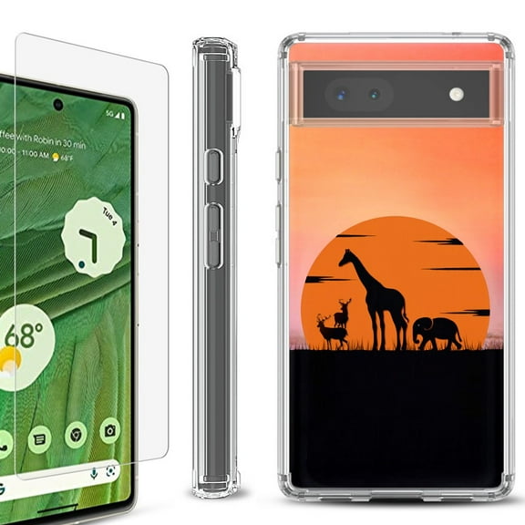 Shockproof Bumper Phone Case for Google Pixel 6a, with Tempered Glass Screen Protector, by OneToughShield ® - Sunset Safari