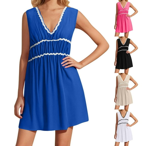 YuXingFu Petite Dresses for Women Mid-Length V-Neck Plus Size Womens Dress Sleeveless Solid Color Slim Fit Casual Summer White S