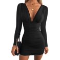 thumbnail image 1 of Women's Sexy Long Sleeve V Neck Ruched Bodycon Mini Party Cocktail Dress, 1 of 4