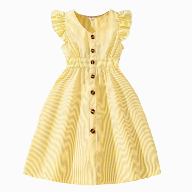 felwors Robe d'Été Midi Décontractée pour Filles à Manches Volantées, Ligne A, Boutonnée, 4-12 Ans, Jaune, 9-10 Ans