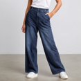 thumbnail image 2 of Wuxian Womens Pants Jeans Casual Straight Leg Trousers Striped High Waist Elastic Wide Comfortable Stretch Denim Fashionable Tummy Control Denim Dailywear,Blue,S, 2 of 5