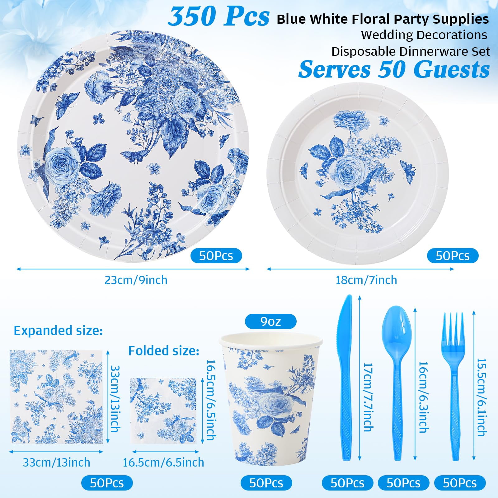 Maxcheck 350 Pcs Blue and White AFN1Flower Party Set Disposable Blue Floral Party Supplies 50 Guests Blue White Paper Plates Napkins Cups Dinnerware Set for Baby Shower Birthday Wedding Party