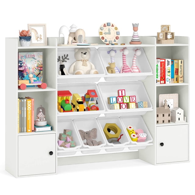 Costway Kids Toy Storage and Bookshelf with 8 Boxes Open Shelves & 2 Single-door Cabinets White