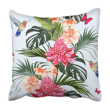 ARHOME Floral Summer with Hummingbird Palm Leaves Butterflies Tropical Flowers Heliconia Pillowcase 18x18