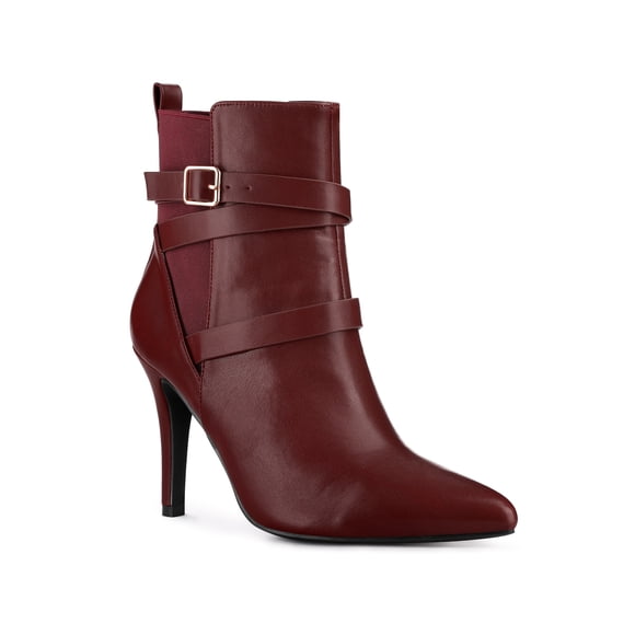 BLISSFUL STEP Women's Ankle Boost Faux Leather Pointed Toe Stiletto Heel Cross Strap Boots Burgundy 8