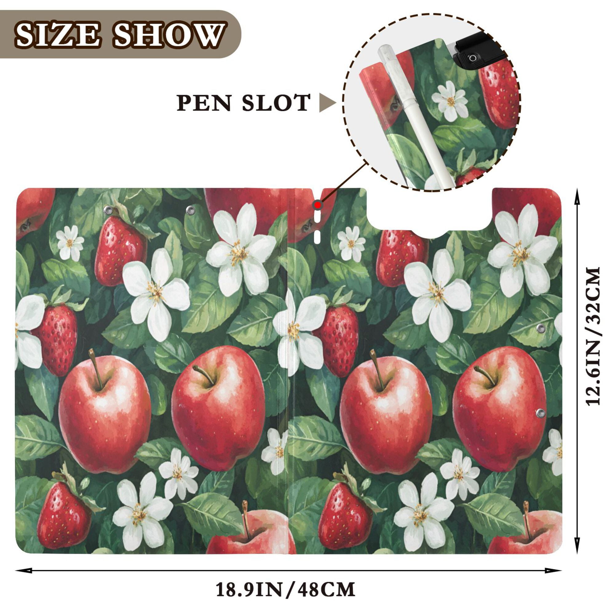 FORMRS A4 Clipboard Folder with Pen Holder Horizontal Foldable School Office Binder, Red Apple Pattern