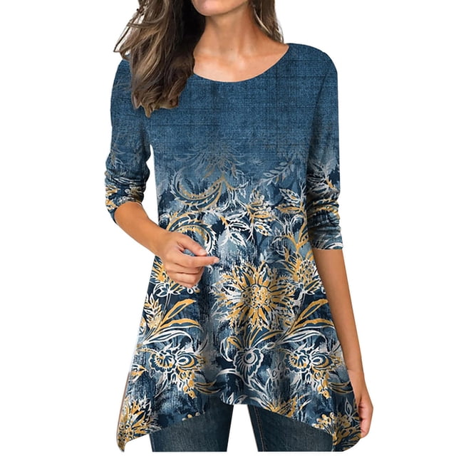 Tops de Mujer Blusas de Manga Larga Casual Impreso Cuello Redondo Jersey Top Camiseta Odeerbi ODB184095