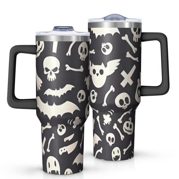 Spooky Halloween Icons Pattern Tumbler with Handle and Lid,40oz Double Wall Vacuum Insulated Tumbler,Cups Gift for Women and Men