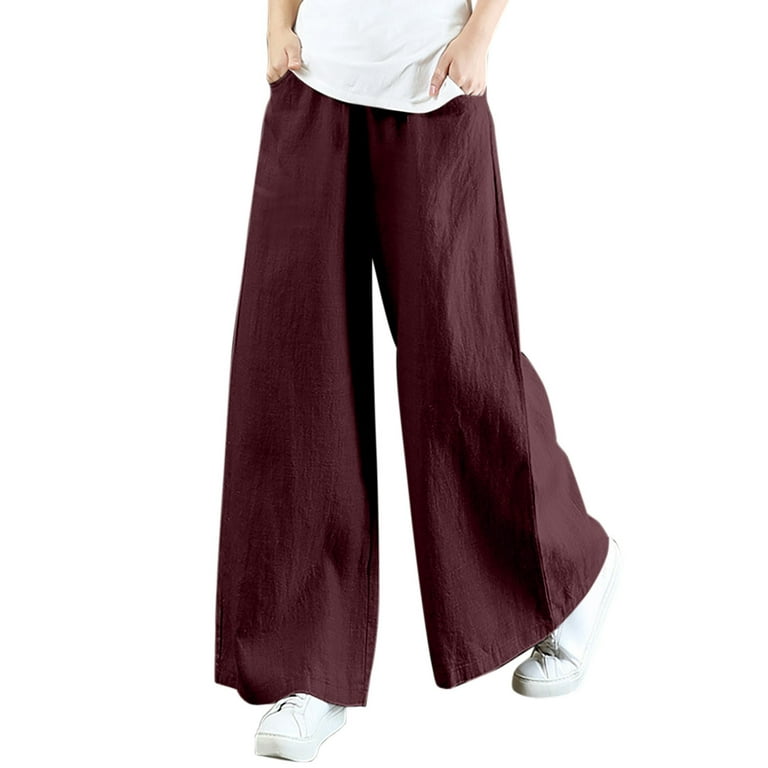 Women's Pants Palazzo Wide Leg Lounge Pants Elastic Casual Loose High Waist  Relax Fit Cotton Linen Trousers Purple L 