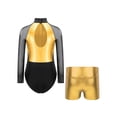 thumbnail image 2 of Doomiva Kids Girls Long Sleeve Shiny Gymnastic Dance Leotard Bodysuit Jumpsuit with Metallic Shorts Set Activewear Gold 14, 2 of 7