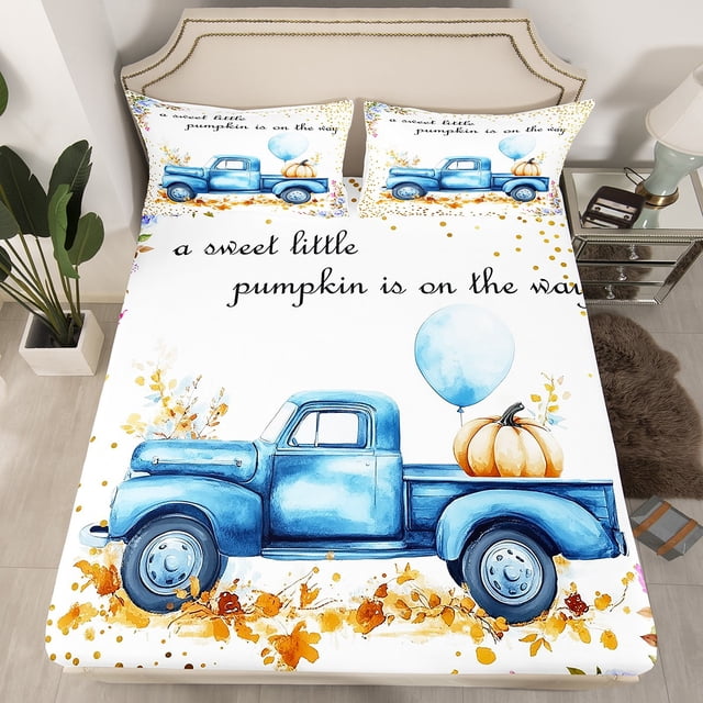 YST Draps de Lit de Récolte d'Automne pour Enfants, Ensemble de Literie Voiture Bleue Citrouille d'Automne Format Simple Jour de l'Action de Grâce Drap-Housse Style Campagnard Rustique Ferme Draps pour Ados Garçons Adultes Chambre