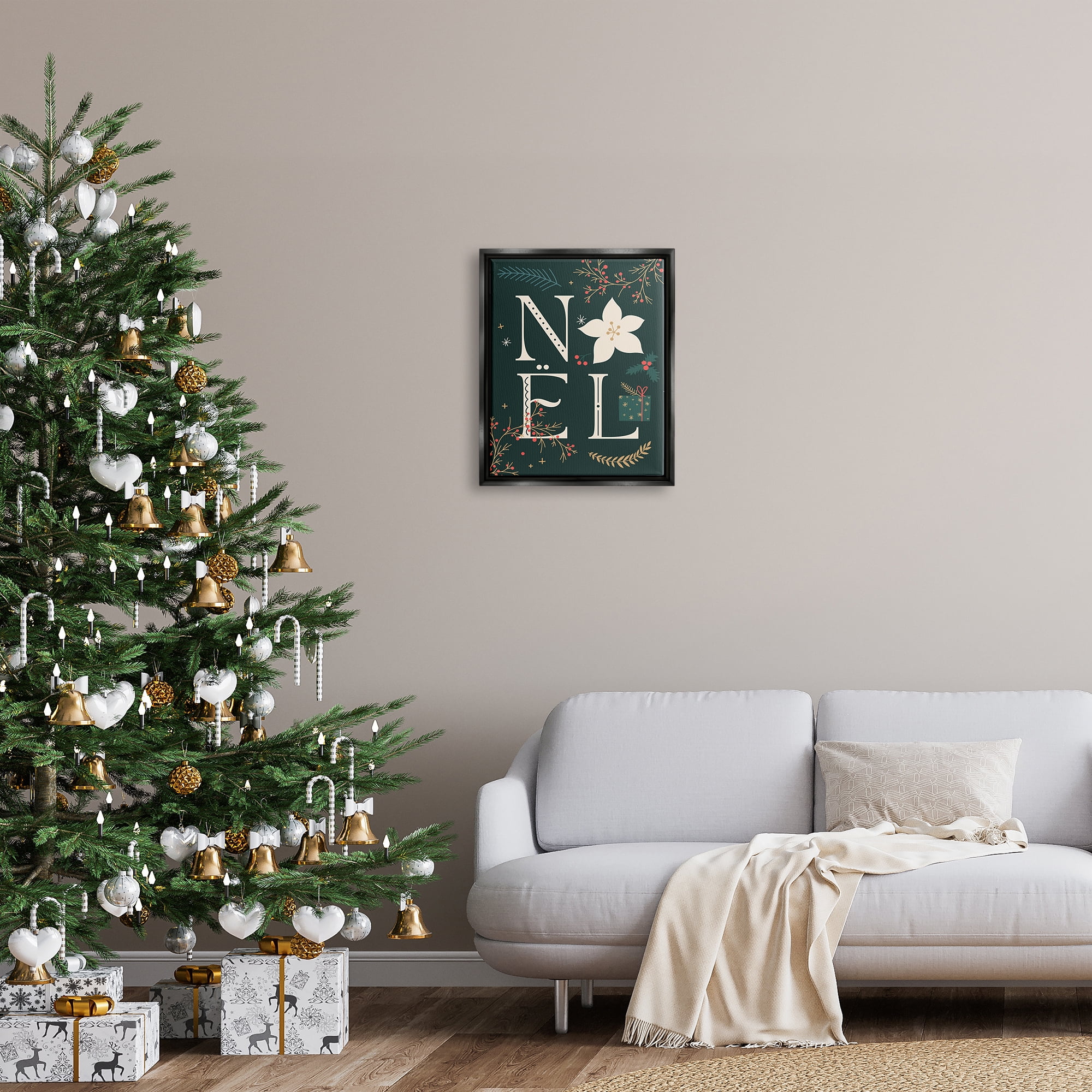Stupell Industries Noel with Christmas Bloom Holiday Painting Black Floater Framed Canvas Art Print Wall Art, 17 x 21