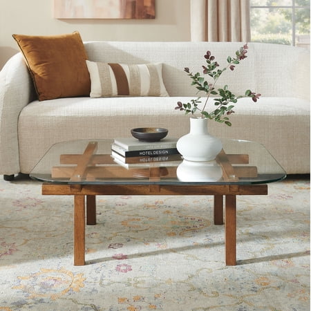Modway Isby 35 Inch Tempered Glass Coffee Table in Walnut