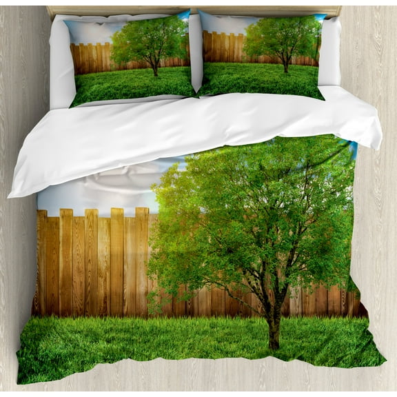 Farm House Decor King Size Duvet Cover Set, Tree of Life in Backyard of a Countryhouse with Sun Tranquil Field Design, Decorative 3 Piece Bedding Set with 2 Pillow Shams, Green Blue, by Ambesonne