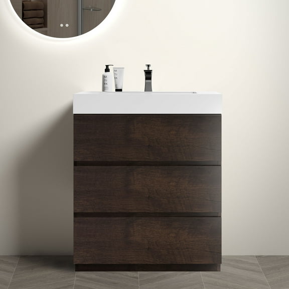 30" Walnut Bathroom Vanity with Sink, Large Storage Freestanding Bathroom Vanity for Modern Bathroom, One-Piece White Sink Basin Without Drain and Faucet, Pre-assembled