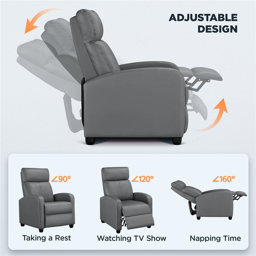 Alden Design Faux Leather Push Back Theater Recliner Chair with Footrest, Gray
