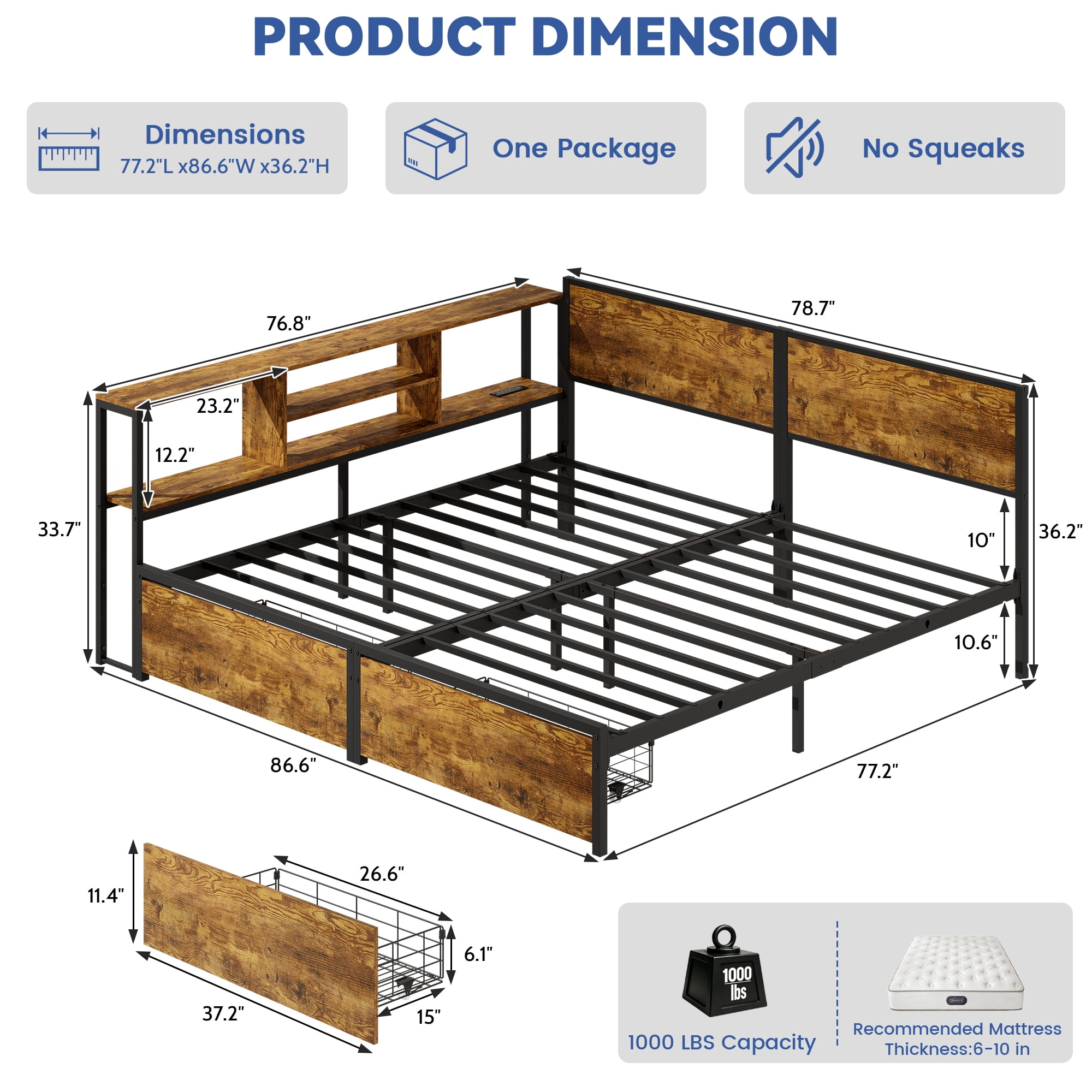 Miniyam King Size Bed Frame with Storage, 2-in-1 Convertible Twin Beds, LED & Charging Station, Brown
