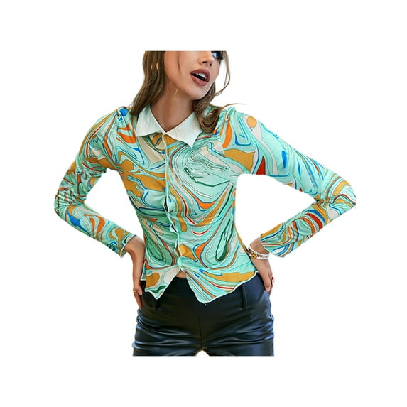Seyurigaoka Women Juniors Blouse Lapel Long-sleeved Pattern Printing Slim Fit Shirt
