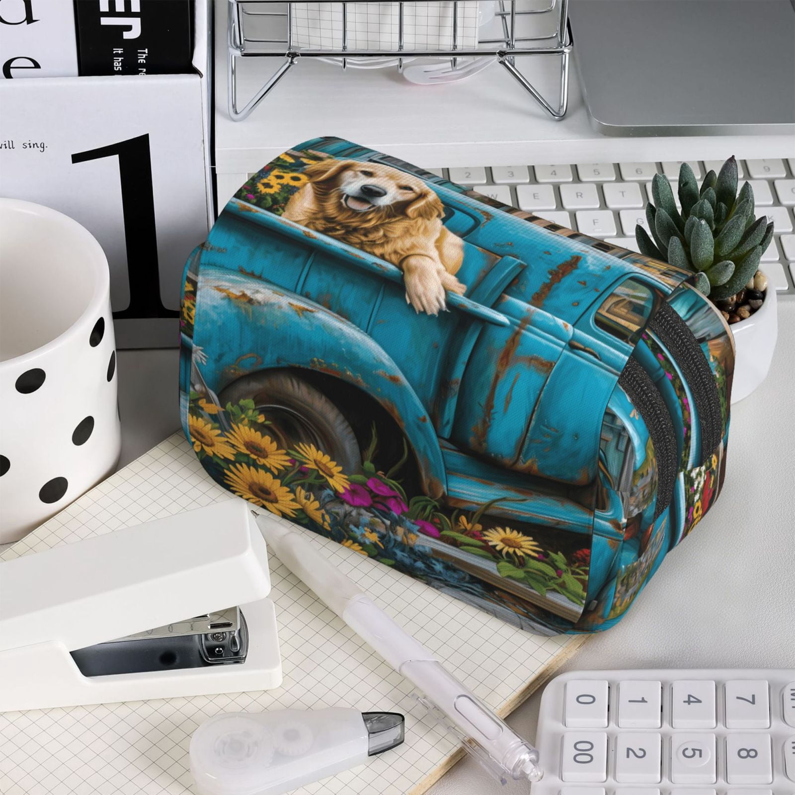 Rateoe Vintage Pickup Sunflower Dog Pattern Double Clamshell Pen Case, Storage Organizer with Two Zipper Compartments– Holds Up to 50 Pencils & Pens