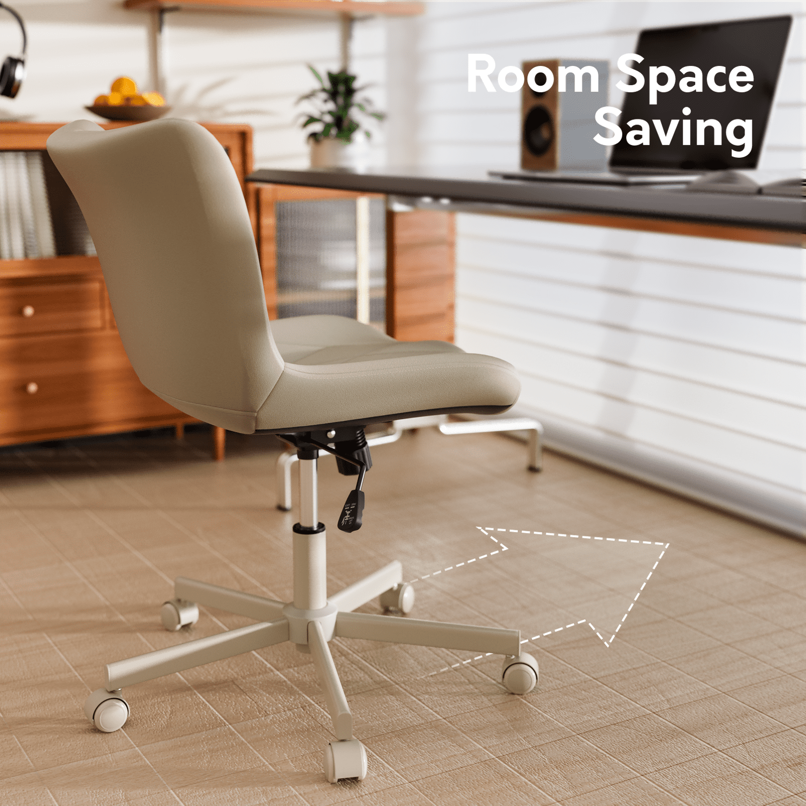 HomeZeer Space Saving Armless Office Chair with Wheels, Adjustable Height PU Leather Swivel Computer Task Chair, Soft Padded Mid Back Vanity Chair Design for Home Office & Small Spaces, Beige