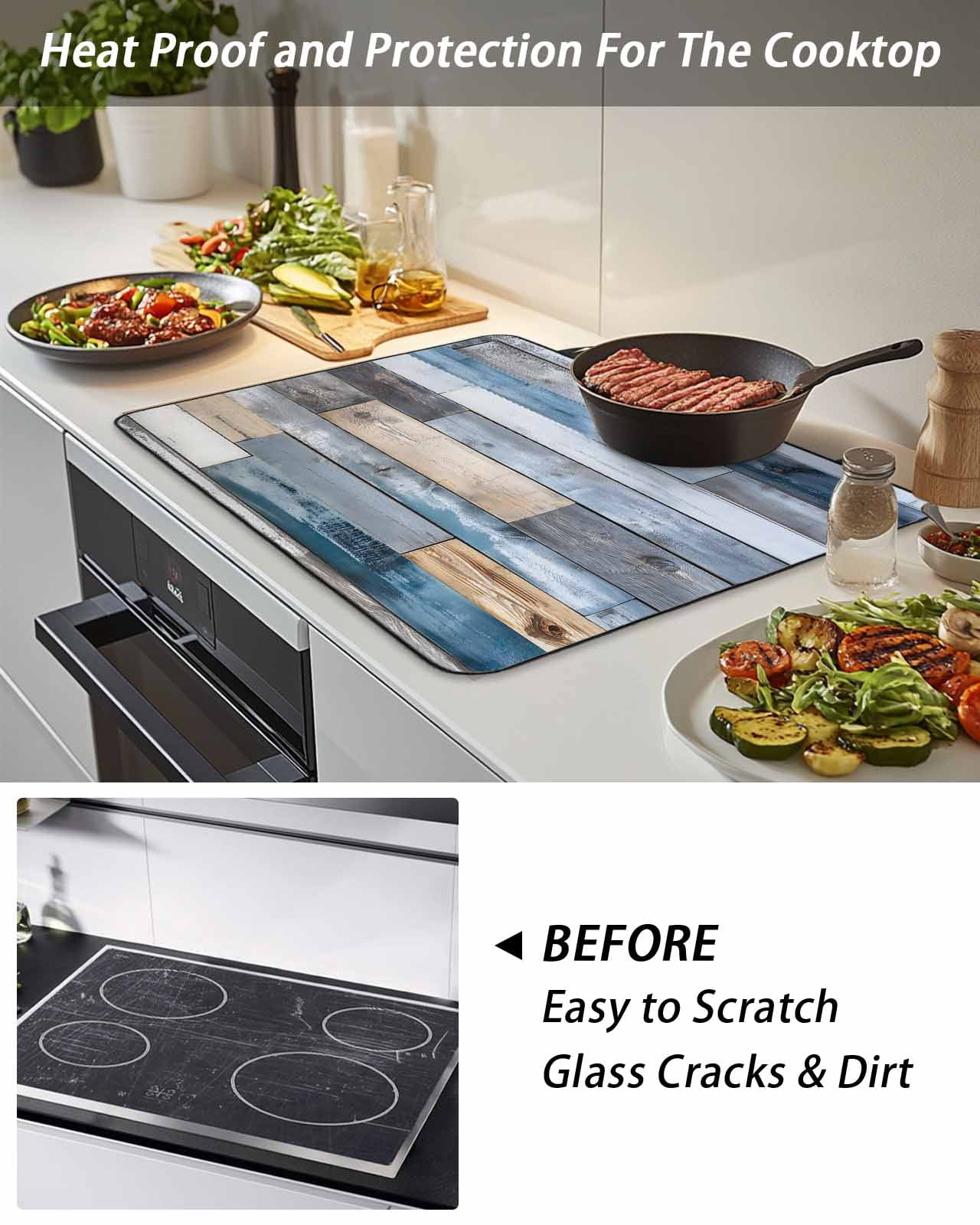 Stove Top Covers for Electric Stove 28.5x20.5 Inches, Blue Wooden Grain Heat Insulation Fireproof Glass Cooktop Protector, Farmhouse Country Abstract Art Countertop Stovetop Cover for Kitchen