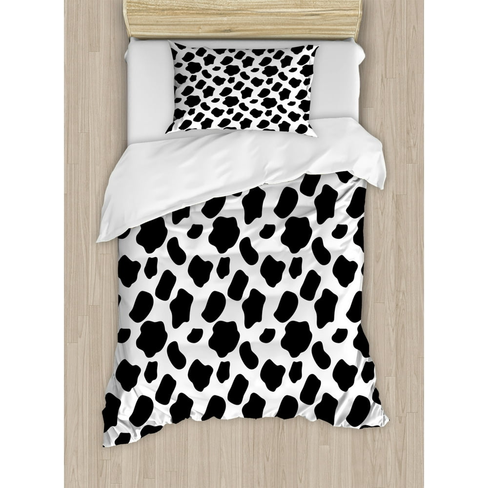 Cow Print Twin Size Duvet Cover Set, Cattle Skin Pattern with Scattered Spots Animal Hide Plain