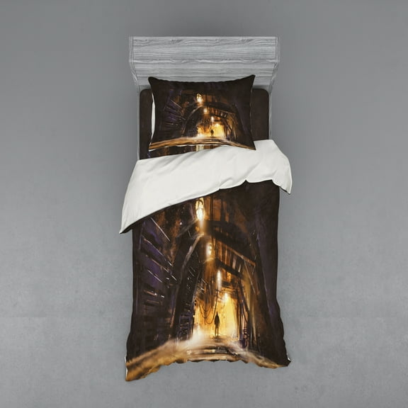 Ambesonne Fantasy Bedding Set 3 Pcs, Dark Rock Smokey, Twin, Orange Purple