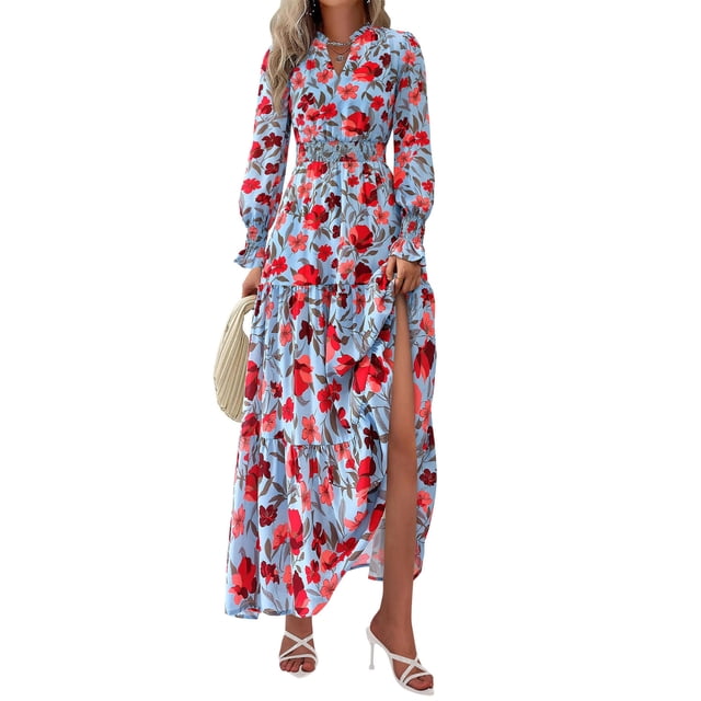 Vestido PRETTYGARDEN 2025 Floral Maxi de Manga Larga con Escote en V Talle M