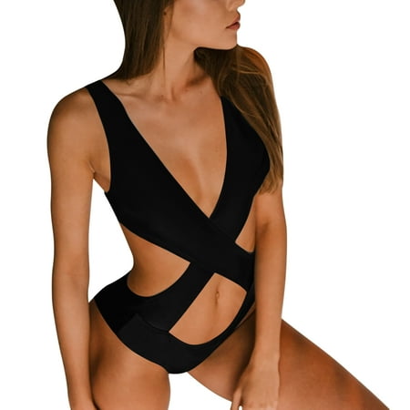 

Seyurigaoka Women Bodysuit Swimsuit Crossover Design Sexy V-neck Clothing