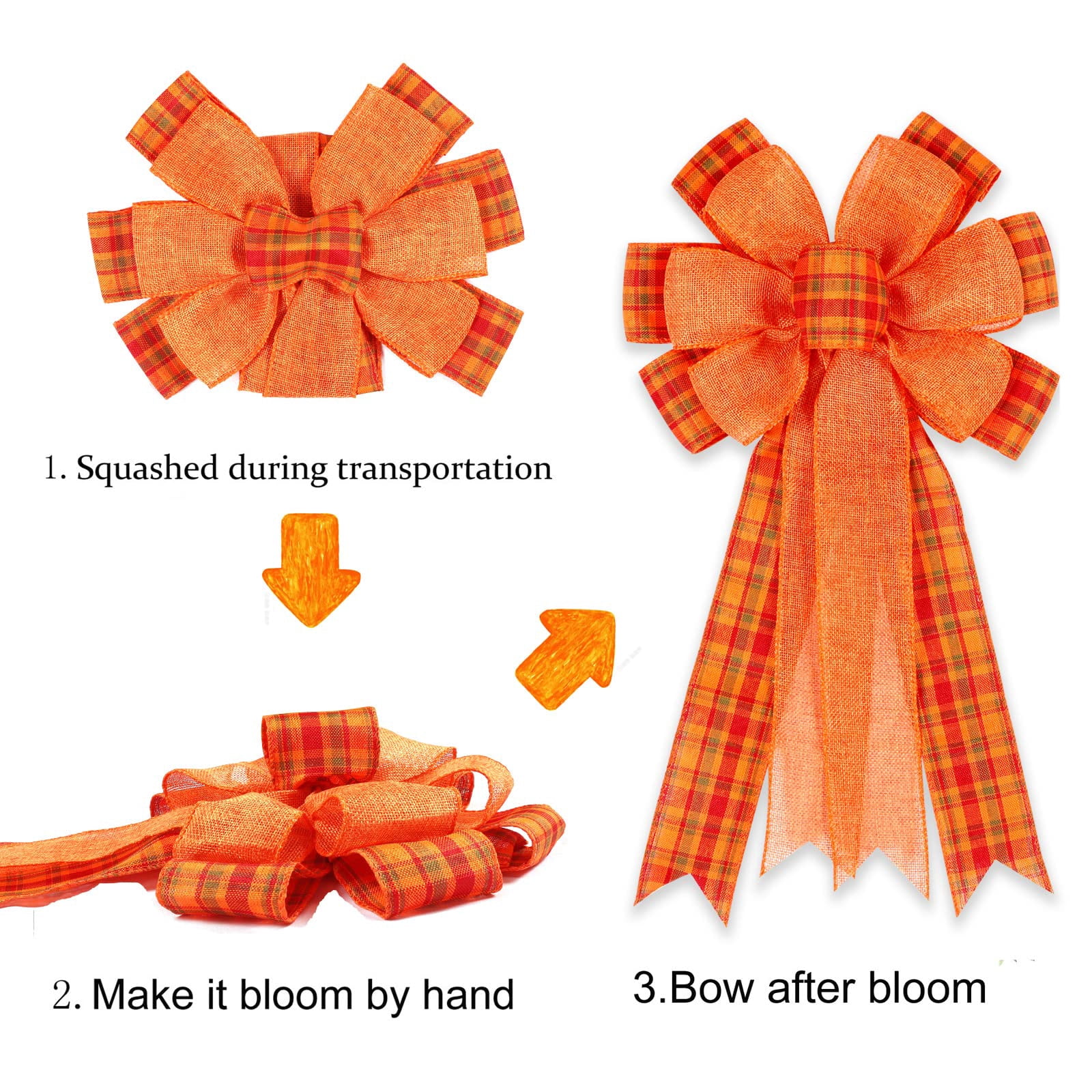Orange Plaid Burlap Polyester Fall Bows 2 Pack Wreath Tree Topper Home Decor