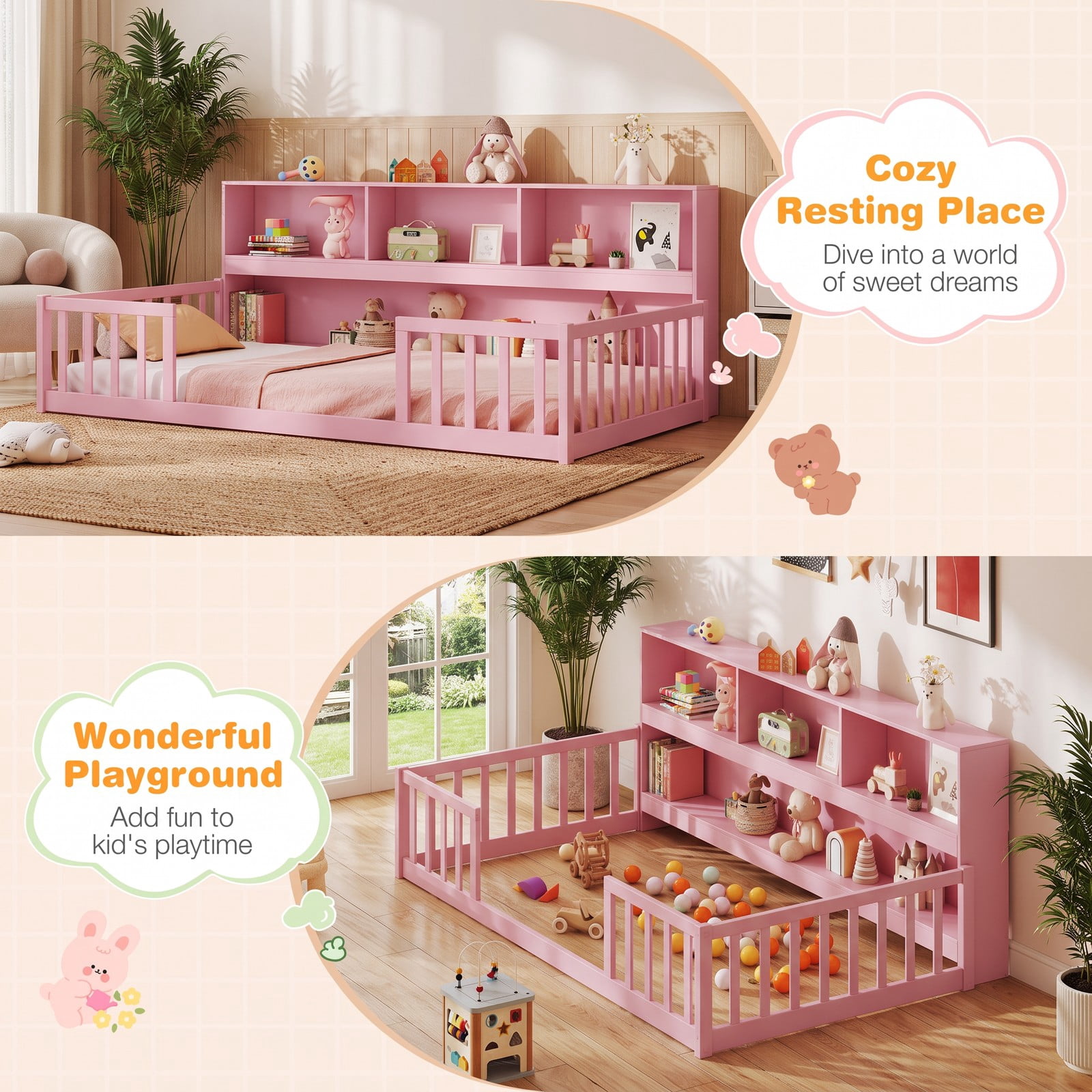 Furnibear Full Size Bed Frame Montessori Floor Bed with Bookcase Headboard and Full Length Fence Rails for Kids Room, Pink