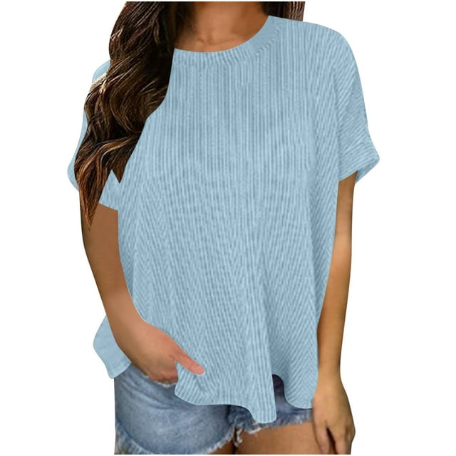 Besolor Femmes Manches Courtes Chemises Col Rond Côtelé Tricot T-Shirt Couleur Unie Basique Tee Tops Mode Tenues d'Été