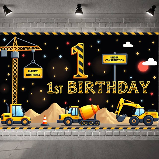 Yellow Style 1st Birthday Banner Construction Vehicles Construction Party Display Star Decorations Striped Elements Backdrop for 1st Birthday Party Construction Theme Party Kids Birthday Celebration