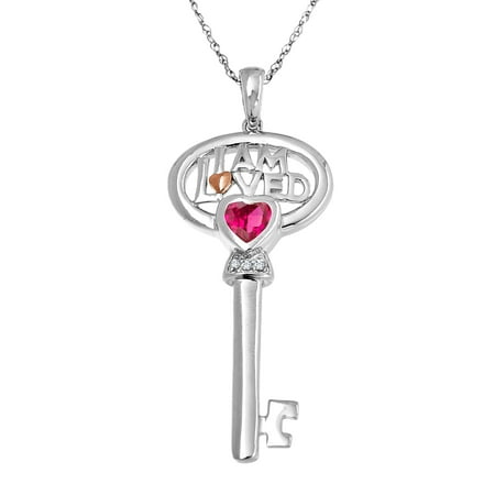 Duet 5/8 ct Created Ruby Heart Key Pendant Necklace with Diamonds in Sterling Silver and 14kt Rose Gold