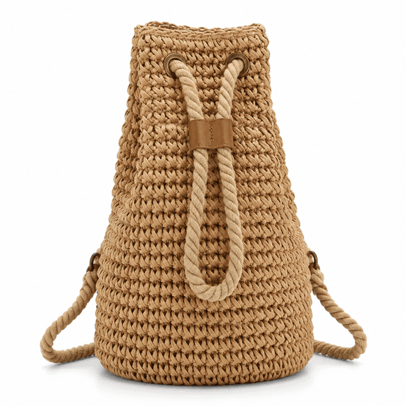 Women's Hand-Woven Straw Backpack with Adjustable Straps & Drawstring Closure, Large Capacity Bohemian Rattan Bag for Beach, Travel & Camping