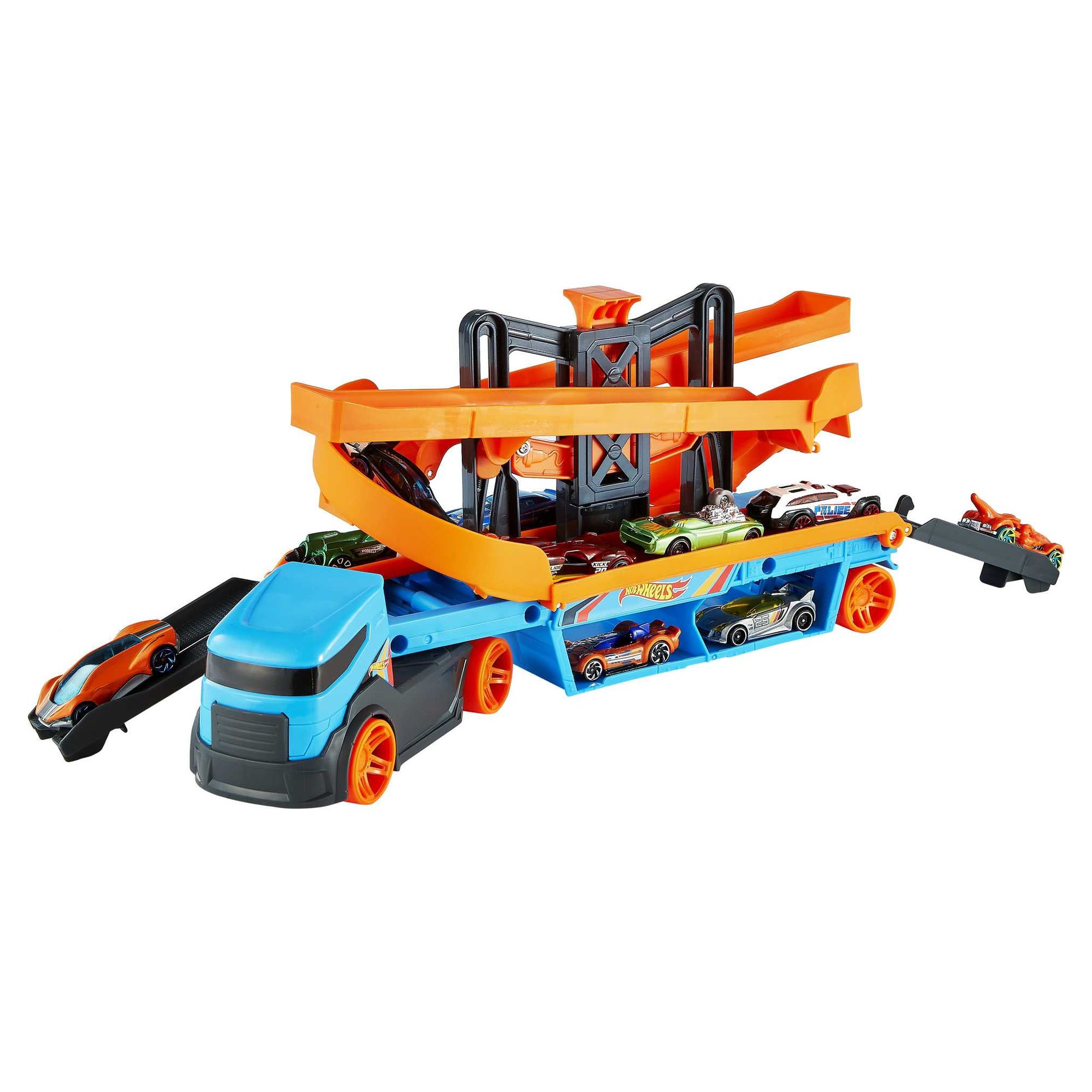 Hot Wheels Lift & Launch Hauler Toy Truck with 10 Cars in 1:64 Scale, Transporter Stores 20 Vehicles - image 4 of 6