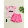 thumbnail image 4 of BemeyourBBs Toddler Baby Girls Summer Outfits Infant Baby Girl Clothes 1T 2T 3T 4T Tractor Embroidery Striped Fly Sleeves T Shirt Tops and Elastic Ruffles Shorts Set, 4 of 9