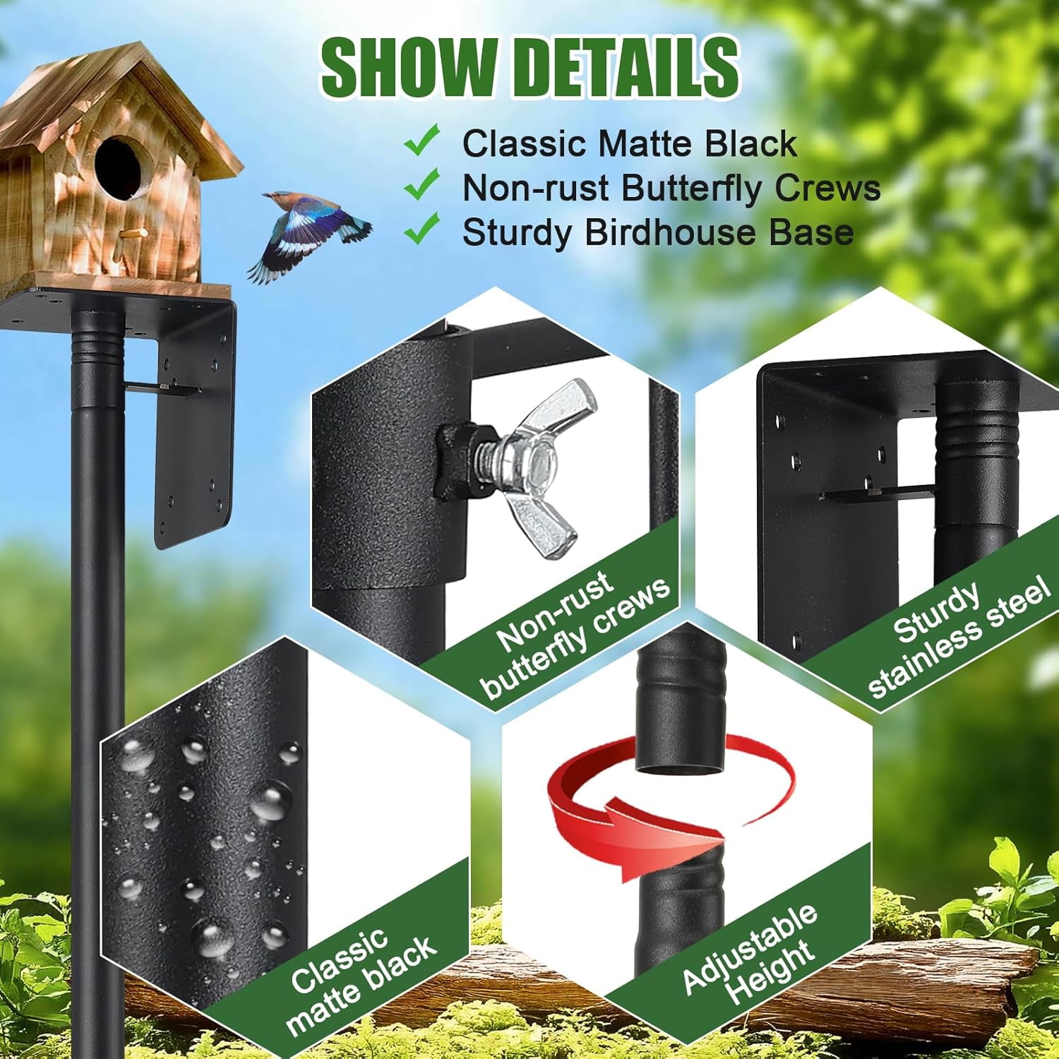 OLIYNEDY Bird Feeder Pole, Heavy Duty Bird House Pole for Wild Birds Watching, 60" Adjustable BlueBird House Stand for Outdoors Yard