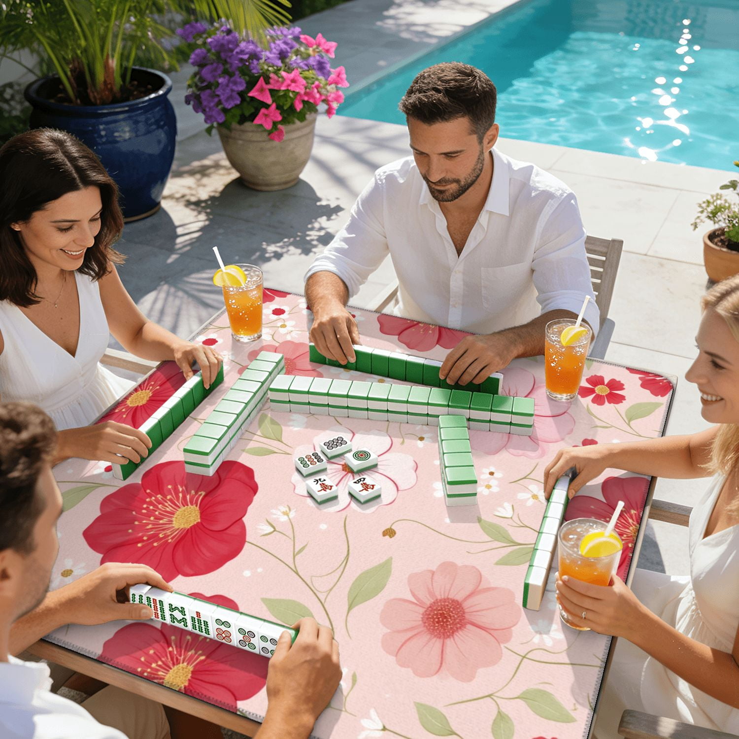 Mahjong Mat 31.5" x 31.5" Floral Red Pink Flowers Light Pink Non-Slip Noise Reduction American Mahjong Tiles Table Cover for Dominoes Poker Card Board Games Gift
